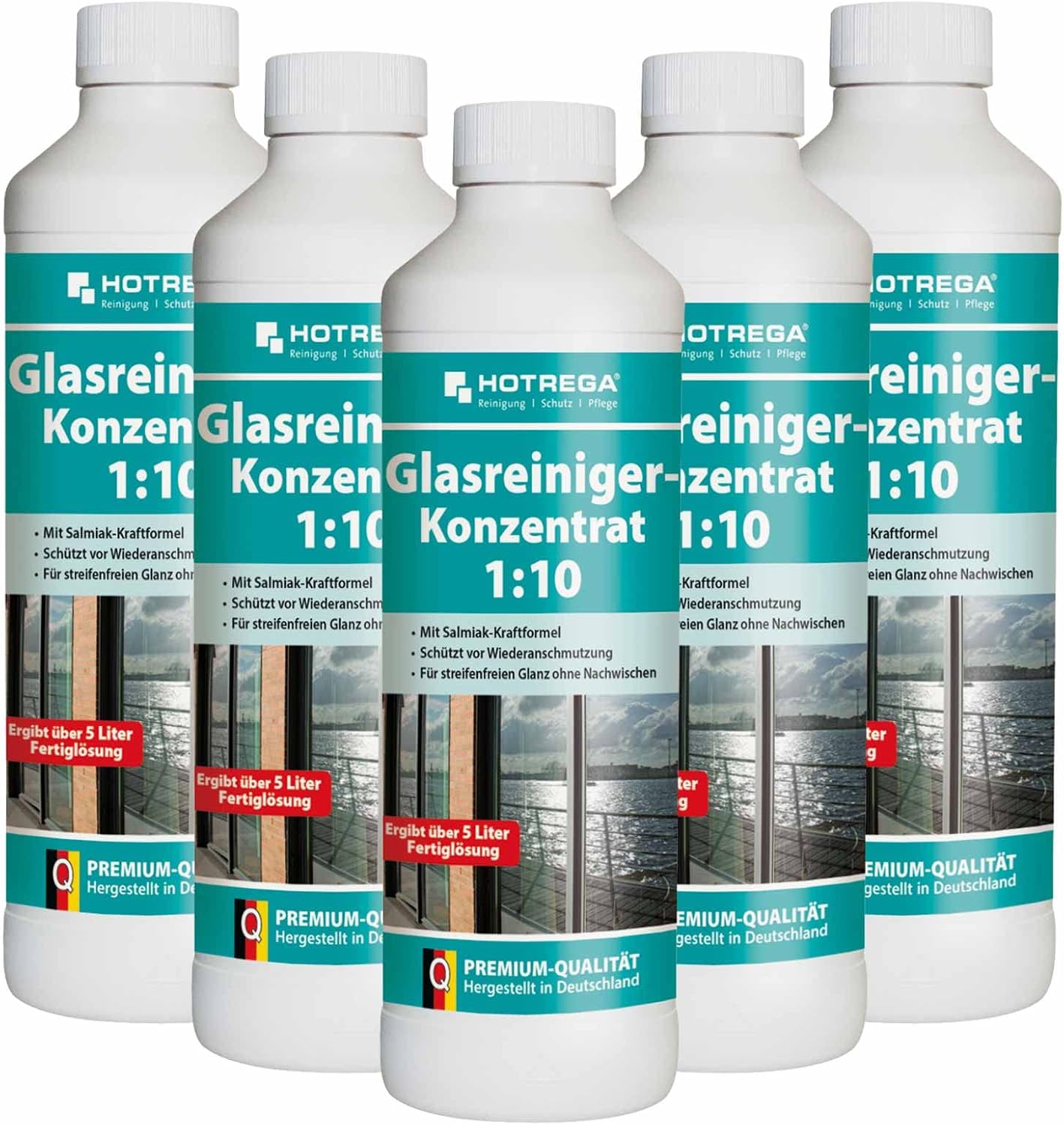 HOTREGA Glass Cleaner Concentrate 1:10 Streak-Free Window Cleaner with Salmiac 5 x 500 ml Cleaning Glass Surface