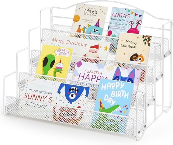 ANBOXIT Greeting Card Display Stand, Metal Rack Holder Organizer | for Retail Stores Vendors, Postcards, Stickers, White - 4 Tier