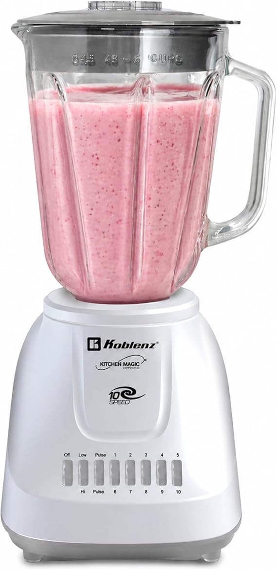 Koblenz LKM-5910 VB Glass Blender, Metal Coupling, White, Countertop, 51 oz | 500W Motor, 10 Speed + 2 Pulse, Stainless Steel Blades, Metal Coupling, Blender for Smoothies and Shakes, White, Durable