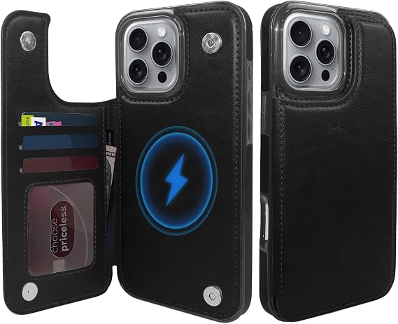 Wallet Case for iPhone 16 Pro 6.3", Compatible with MagSafe, Dropproof Heavy Duty Tough Rugged Shockproof, Leather Card Holder Kickstand Protective Cover Magnetic Phone Flip Case-Black