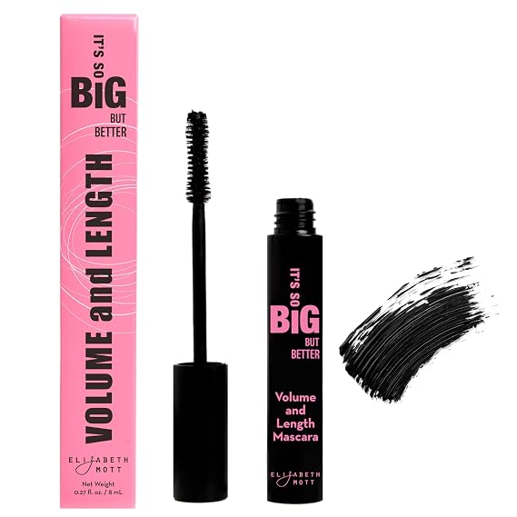 Elizabeth Mott Black Volumizing Mascara, 8ml | Lengthening Fiber Formula, Hourglass Wand, Smudge-Proof, Water-Resistant, Clump-Free, Lash Extension Safe, Cruelty-Free