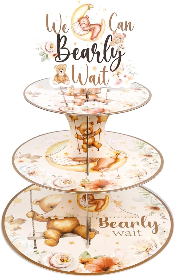Keluna Bear Baby Shower Decorations - 3 Tier Cupcake Stand, Bear-Themed, Cardboard, Easy Assembly