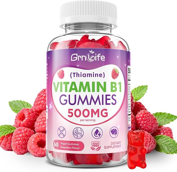 Vitamin B1 Gummies 500mg for Adults & Kids High Potency Thiamine B1 Supplement for Energy & Nervous System Support, Sugar-Free, Raspberry Flavor, 60 Count