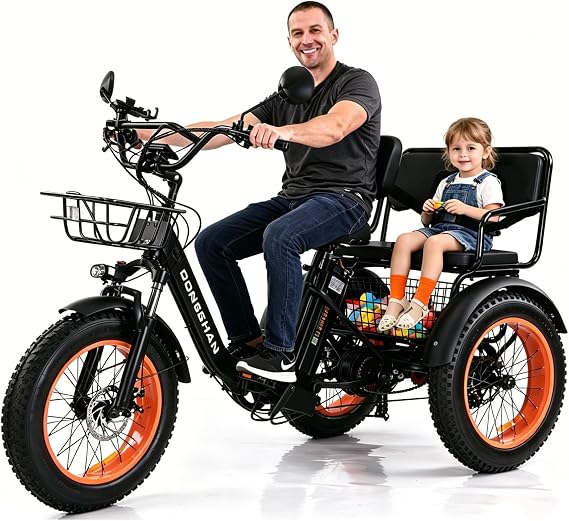 Electric Tricycle with Passenger Seat, Adults Electric Tricycle with Wide Tires, Peak 1350W 48V 15Ah 2 Seater Electric Trike 3 Wheel Ebike Aluminum 7-Speed Unisex E-Tricycle