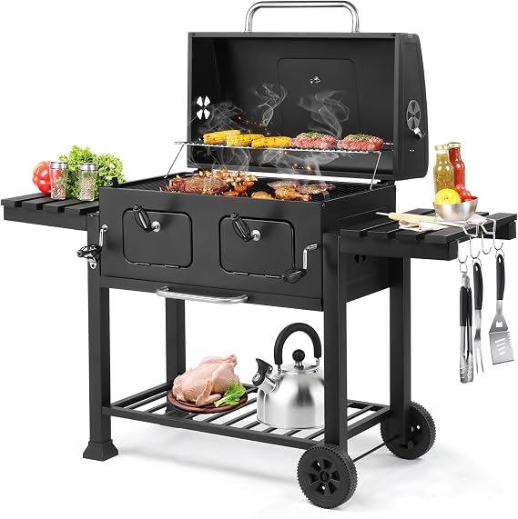 Large Charcoal BBQ Grill, 2 in 1 Barbecue with Foldable Side Tables | Portable with Spacious Cooking Area, Wheels, Outdoor Garden Barbecue Smoker for Camping Backyard Patio Party Picnic