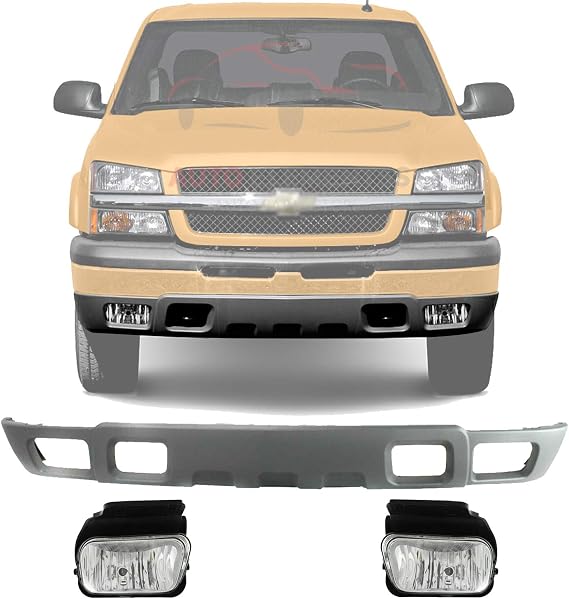 Front Bumper Lower Valance Air Deflector with Fog Light and Tow Hook Holes + Fog Lights Kit For 2003-2006 Chevrolet Silverado 1500 2500HD 3500 OEM Direct Replacement