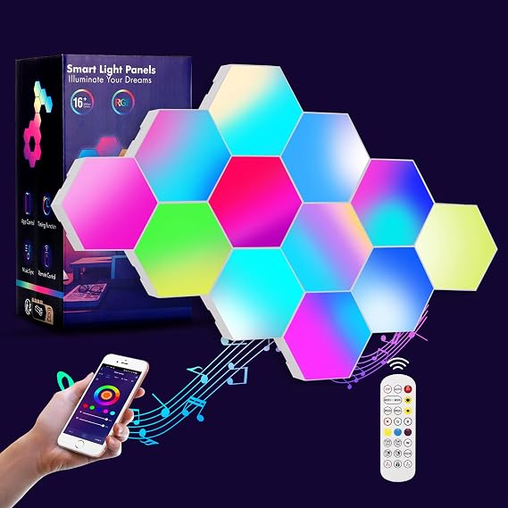 Hexagon LED Panel 12pcs RGB Sechseck Gaming Wandleuchte mit Fernbedienung Smart Wand Licht DIY Kombinierbar LED Lichtleisten Musik Sync App-Steuerung Panel für Weihnachten Gaming Zimmer Deko [Energieklasse G]