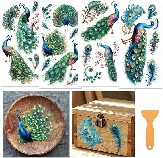 4 Sheets Peacock Rub-on Transfers for Crafts & Furniture, PVC Material, Nature Style, Animal, Peacock Theme, Indoor Use, Sticker Decals