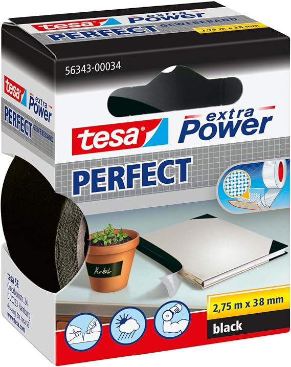 tesa UK Extra Power Multi-Purpose Cloth Tape, 2.75 m x 38 mm - Black