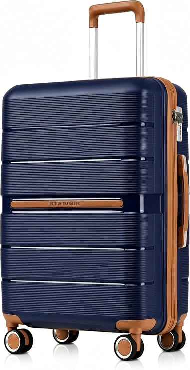 British Traveller Medium Suitcase, Lightweight Hard Shell Luggage | 24 Inch Luggage with 360° Silent Wheels, TSA Lock, Telescopic Handle for Studying Abroad, Cruises, Grey