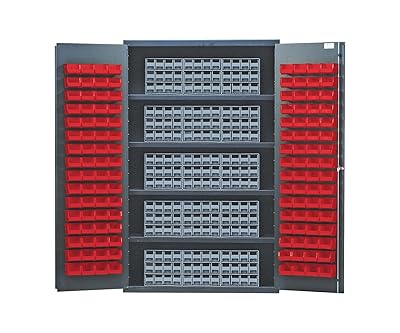 Quantum QSC-BG-QIC122RD Modular Shelving Cabinet with 15 QIC-122 Interlock Drawers and 128 QUS210 Red Bins for Industrial Distribution | 400 lbs Capacity | 48W x 24D x 78H, Beige, Carbon Steel