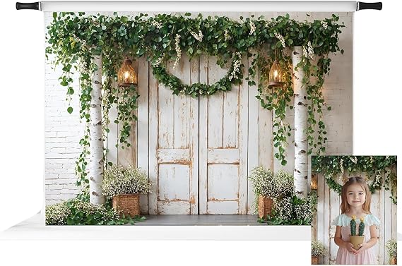 Kate Spring Plants White Wood Door Photo Backdrop, 7x5ft | Features Spring Plants White Wood Door; Photo background for spring portraits and seasonal photography.