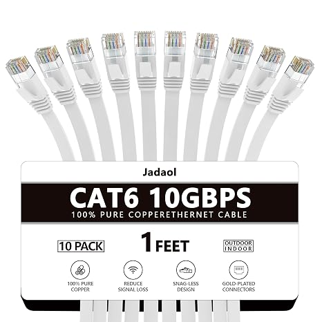 Jadaol Cat 6 Ethernet Cable 1ft 10-Pack, 10Gbps Support Cat8 Cat7 Network, Flat High Speed LAN Internet Patch Cables, Short Ethernet Cables for Router, Modem, Switch, PC, Laptop, Gaming Console, White