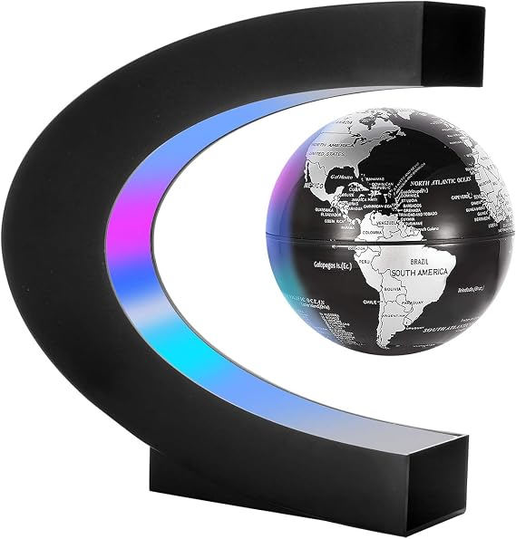Gresus Magnetic Levitation Floating World Map Globe, C Shape Base with LED Lights, Great Fathers Students Teacher Business Boyfriend Birthday Gift for Desk Decoration (Black) (Globe doesn't light up)