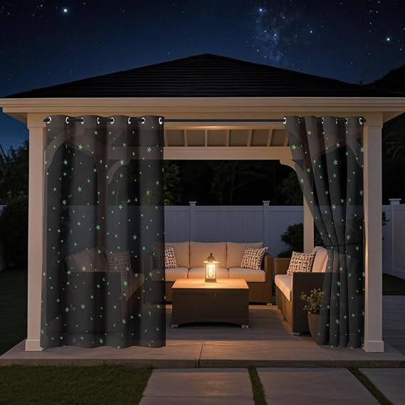 SK Studio Outdoor Sheer Curtains for Patio, 2 Panels Waterproof and Glow in The Dark Star Print Voile Drapes Privacy Curtains for Living Room, Gazebo, Porch, Balcony, Black, 52" W x 96" L