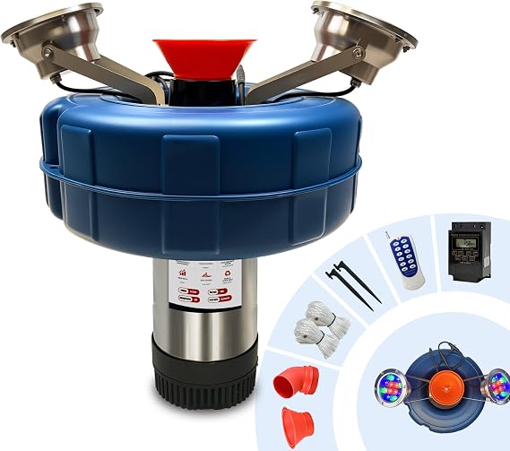 RGB Pond Fountain Aerator, 1HP,Wireless and Time Control Rainbow Lights,Stainless Steel Body, 100FT Cord and 200Ft Traction Rope, Aerator Pump for Ponds & Lakes (RGB)