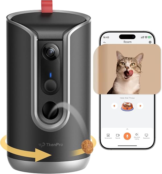 TKENPRO 2K Pet Camera Treat Dispenser, 360View Dog Camera with Phone App, 5G&2.4G WiFi 2-Way Talk Pet Cam Indoor for Cats Remote Treat Tossing,