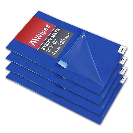 AAwipes Sticky Mat Tacky Pads Adhesive 18" x 45" 4 Packs, 30 Sheets/Packs, 120 Sheets Total Blue Cleanroom Floor Mats for Laboratory Construction Hospital Shoes