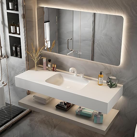 Luxury Modern Bathroom Vanity - with Sink | Wall Mounted Solid Wood Bathroom Vanity Cabinet | with LED Anti-Fog Mirror | Corian Integrated Sink | Multiple Sizes & Colors Available(White,32 in)