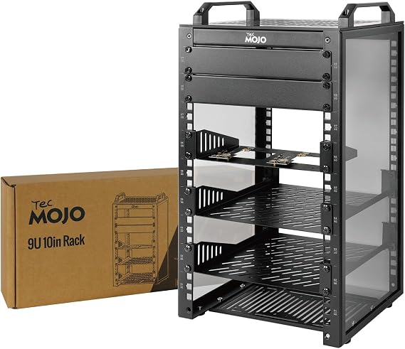 Tecmojo 10 inch 9U 200mm Depth Desktop Mini Rack with SBC Shelf, Micro HDMl to HDMI Adapter Board, Blank Panel, for 10 Inch AV, NAS and Server Equipment, Black