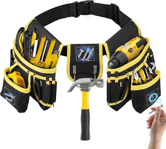 Tool Belt, 27-Pockets Tool Belts for Men Work Belt Pouch Adjustable Organiser Work Apron with Hammer Holder Tool Bag Gift for Men Women Electrician Carpenter Construction