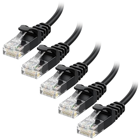 Cable Matters 10Gbps 5-Pack Snagless Thin Cat 6 Ethernet Cable, 1ft, Black