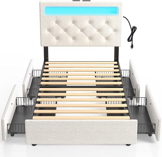 Rolanstar Bed Frame with Charging Station and LED Lights, Upholstered Bed with Adjustable Headboard and 4 Storage Drawers, No Box Spring Needed, Easy Assembly