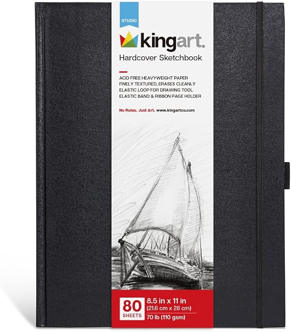 KINGART Hardcover Sketchbook Journal 8.5 x 11 Inch, 1-Pack 80 Sheets (160 Pages), 70 lb (110 GSM) Acid-Free Heavyweight Black Bound Notebook