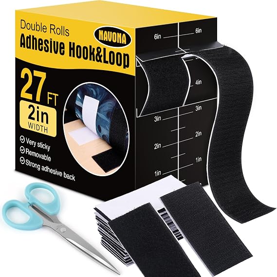 Navona 27Ft x 2 Inch Heavy Duty Hook and Loop Strips with Adhesive, Black