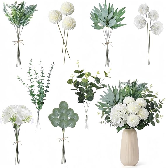 Pack of 55 Artificial Flowers Like Real & Artificial Branches 8 Different Artificial Flowers & Plants Eucalyptus Decoration for DIY Bouquet Bridal Bouquet Home Decor Party Table Decoration