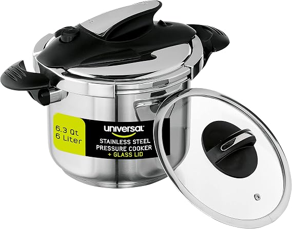 Universal (6.3 Quart / 6 Liter) Stainless Steel Stovetop Pressure Cooker with Glass Lid, Induction Compatible, 4 Safety Systems, 2-in-1 Pressure Cooker & Cooking Pot, 7 Servings