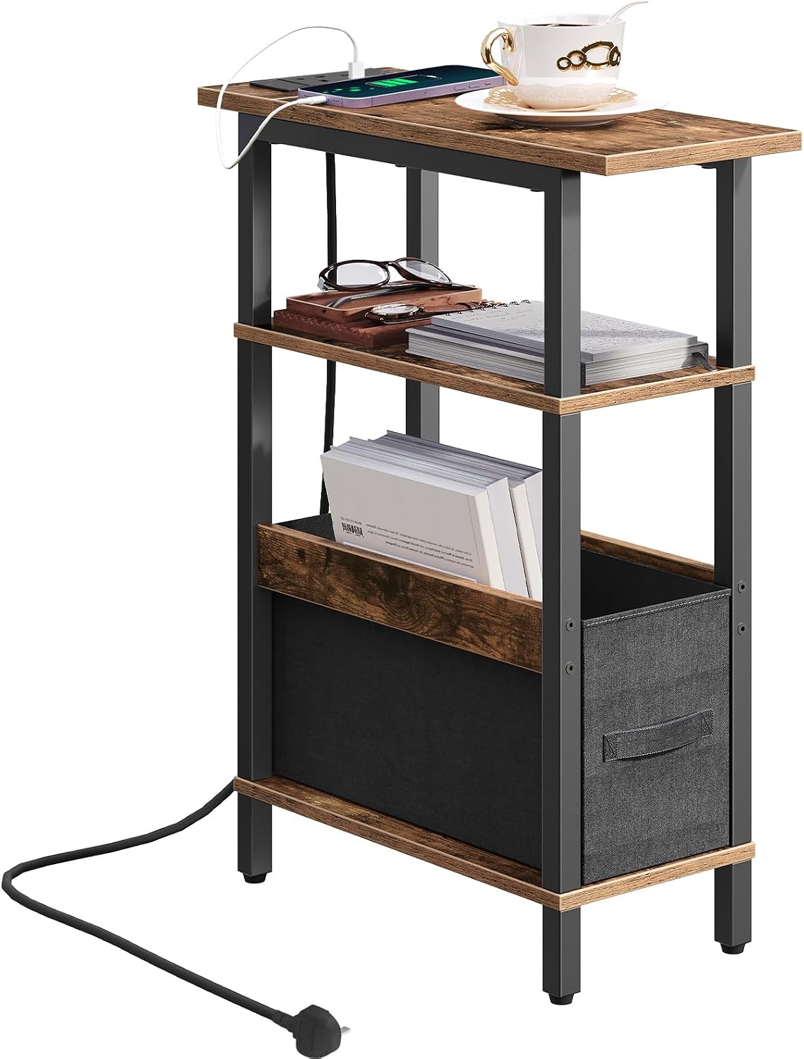 MAHANCRIS Narrow Side Table with Charging Station, 3 Tier Small End Table for Small Spaces, Slim Side Shelf with Storage, for Living Room, Bedroom, Rustic Brown AETHR125KE01