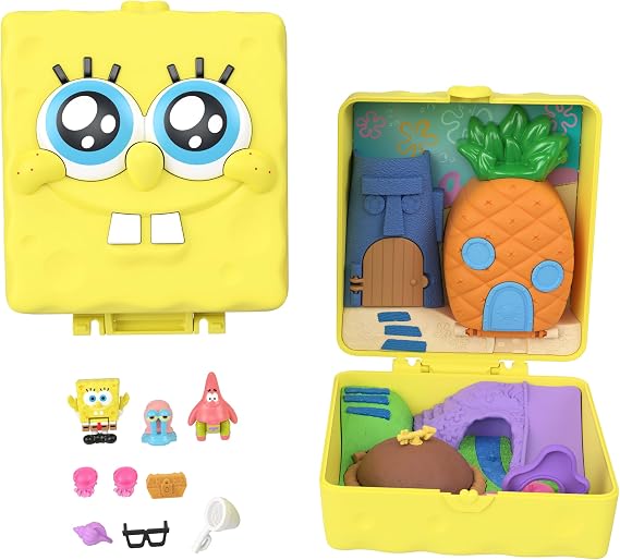 Polly Pocket x SpongeBob Partnership Compact Micro SpongeBob & Patrick Doll and Playset, 7 Accessories Including Pet Gary