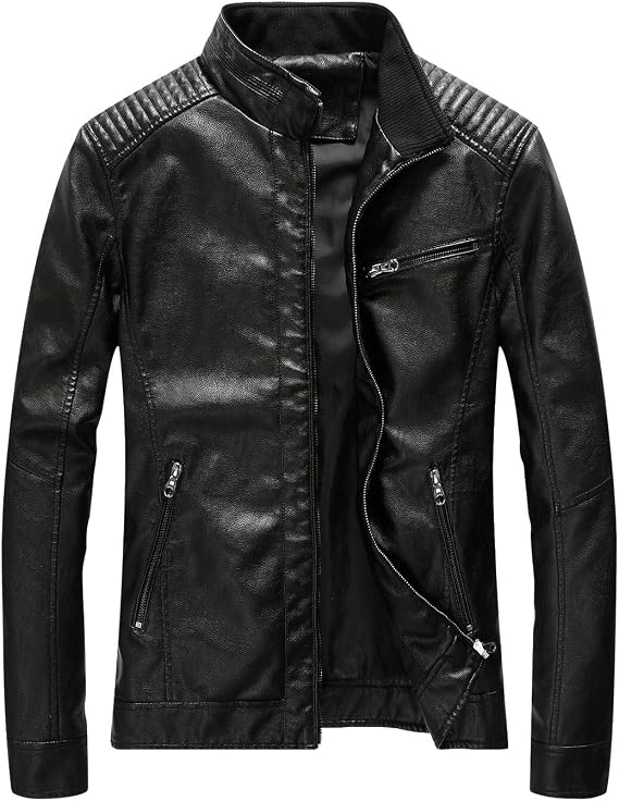Leather Jacket Men Black Slim Fit Motorcyle Lightweight