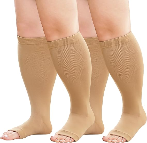 Plus Size Compression Socks: 2 Pairs Wide Calf Compression Toeless Stockings for Men Women - Open Toe 20-30 mmHg