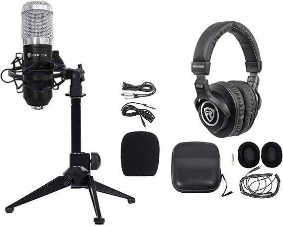 Rockville RCM01 Gaming Mic Bundle with RDTS Tripod and PRO-M50 Headphones | 25mm Cardioid, XLR and 3.5mm Cables, 48V Phantom Power, Shock Mount, Detachable Cable, Headphone Case, Twitch Stream, 3-Items