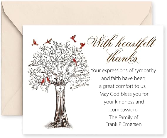 Personalized Funeral Thank You Cards with Envelopes Red Cardinal Tree | Elegant memorial thank you cards with matching envelopes. Personalized and handcrafted for celebrating a loved one's memory