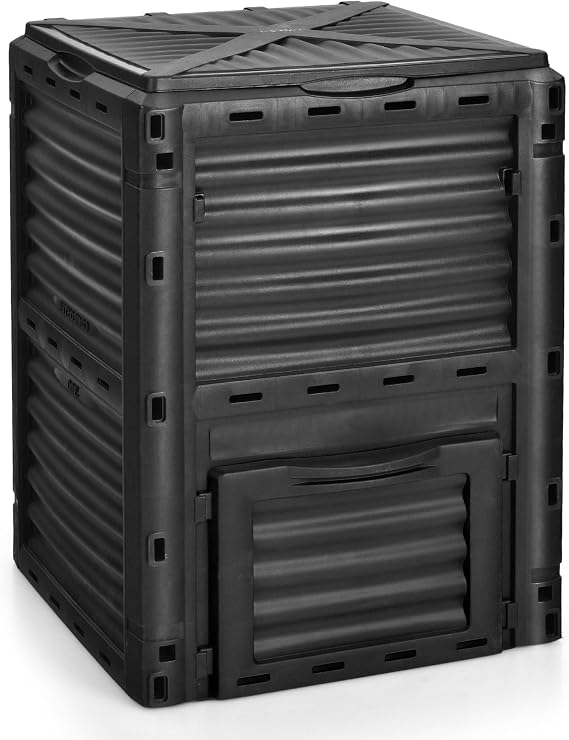 TANGZON 300L Garden Compost Bin, Large Plastic Composter Box with Flipped Lid, Bottom Exit Door & 12 Air Vents, Outdoor BPA-free Organic Waste Compost Converter for Soil Grass Rubbish (Black)