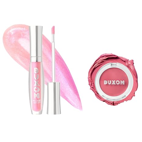 Buxom Plump Shot Collagen-Infused Lip Serum in Spellbound Pink Multichrome + Plump Shot Collagen Peptides Plumping Cream Blush, Cream-to-Powder Blush in shade Tickled Pink