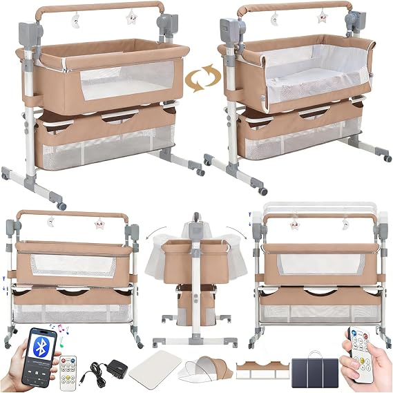 Electric Bluetooth Smart Next to Me Crib, Foldable Convertible Baby Bedside Crib, Co-Sleeping Bassinet, Infant Bedside Sleeper Cradle with Music, Remote and 5 Swaying Gears (601 Brown)