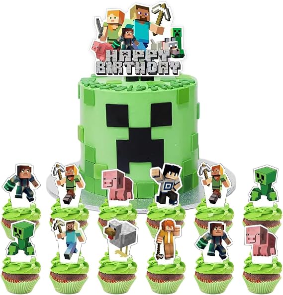 25 Pcs Pixel Styled Gamer Cake Decorations, Happy Birthday Cake Topper, Party Supplies for Boys & Girls