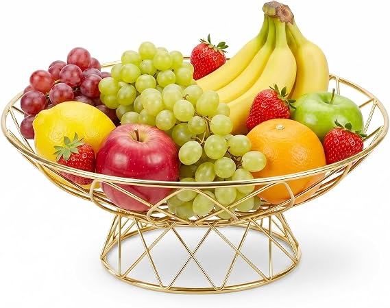 AIYICIII Modern Metal Fruit Basket, 12" Wire Footed Bowl for Kitchen(Gold)