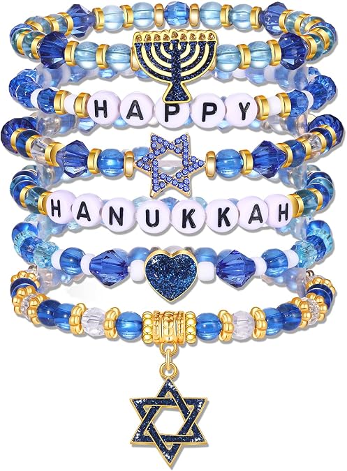 NVENF Hanukkah Bracelets for Women Jewish Bracelet Stack Star of David Menorah Dreidel Charm Bracelets Blue Heishi Beaded Stretch Bracelet Hanukkah Outfit Jewish Jewelry Gifts