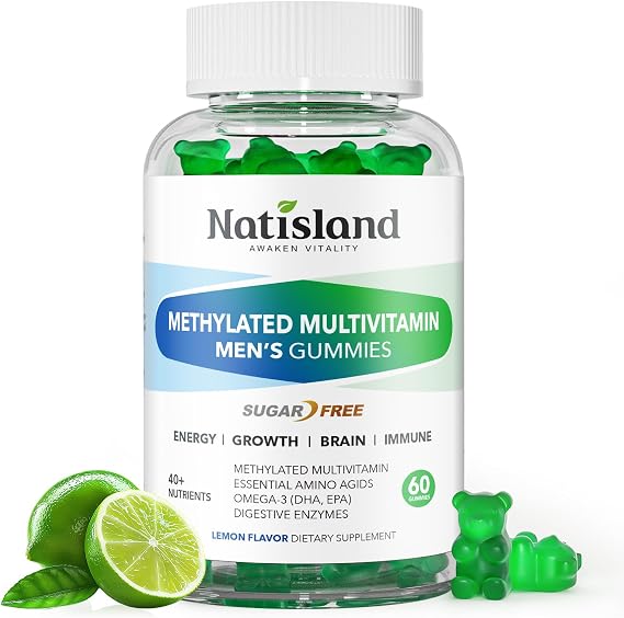 Methylated Multivitamin for Men Gummies, Men`s Multivitamins Gummies with Vitamin B Complex, A, C ,D3, E, K2, Calcium, Magnesium, Omega-3, Energy & Immune, Vegan, 50 Plus, Sugar Free, 60 Count