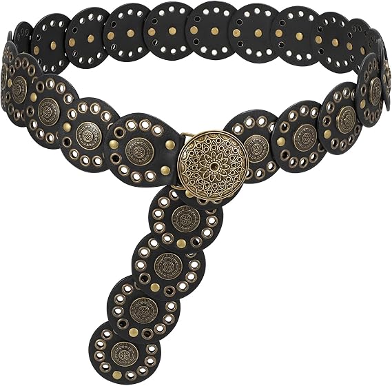 Hollow Disc Belt Western Leather Belt Boho Concho Belt Vintage Waist Belt for Women