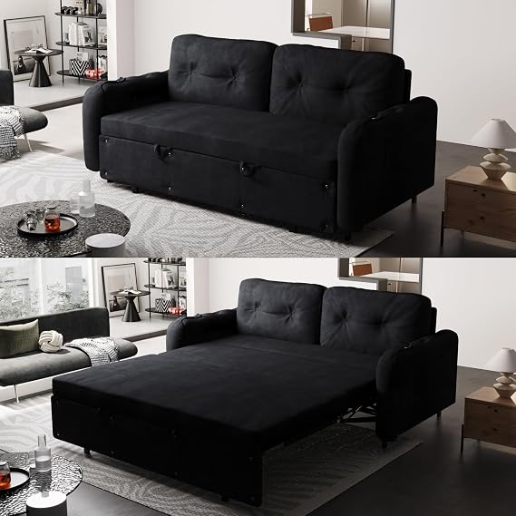 66.2" Queen Pull Out Sleeper Bed Couch, Velvet Upholstery Hydraulic Convertible Hideaway Bed Sofa with Storage Armrests & 2 Button Tufted Cushioned Pillows for Limited Space Living Room