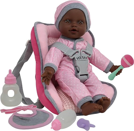 African American Doll Travel PlaySet - Baby Doll Car Seat Carrier Backpack with 12 Inch Soft Body Doll Includes Doll Bottles and Toy Accessories ... (African American)