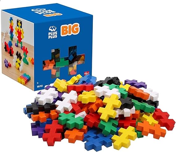PLUS PLUS Big 100 Piece, Basic Color Mix - Large Blocks for Toddlers | Quiet Stem Toys for Toddlers, Prek Classroom Essentials, Waffle Blocks Jumbo, Stem Bins for Classroom, Sensory Bins