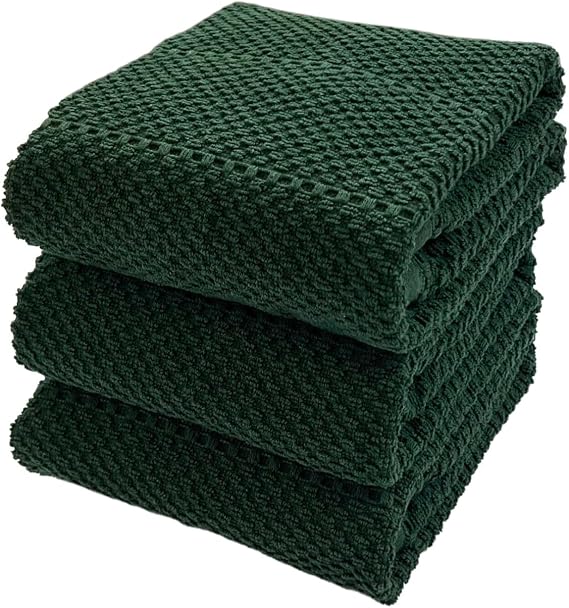 Dark Green Kitchen Hand Dish Towels, Set of 3, 100% Cotton, 18" x 28"