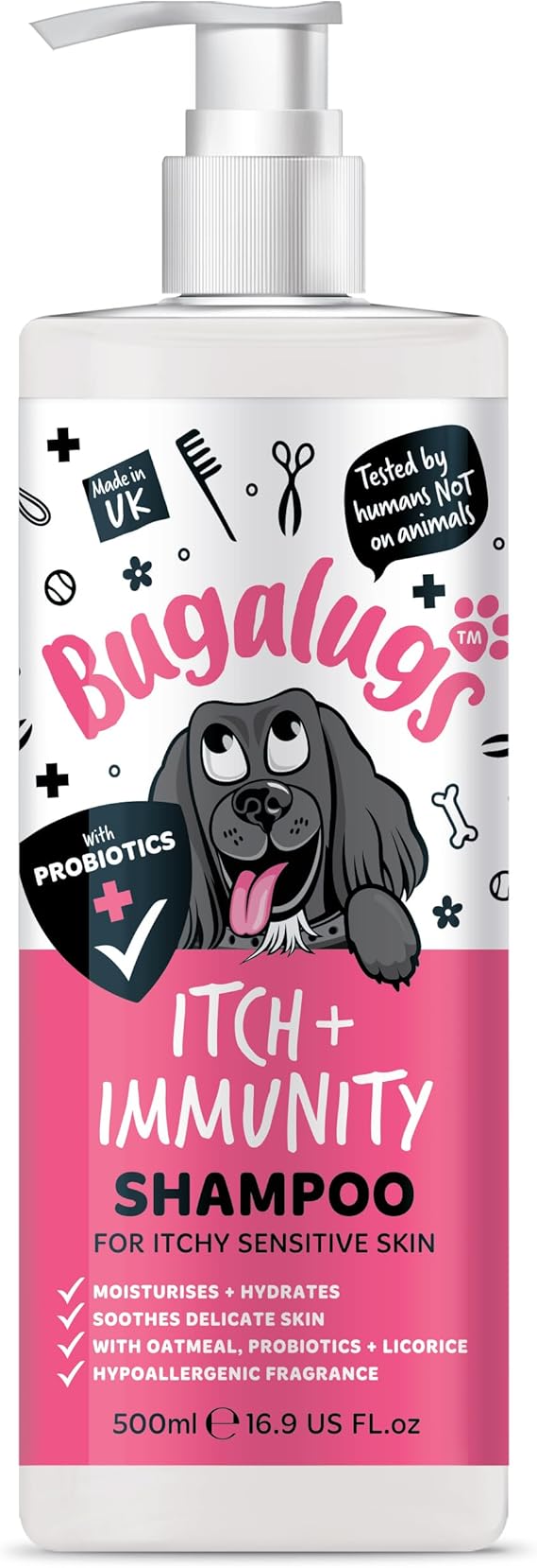 Bugalugs Itch & Immunity Dog Shampoo Sensitive Skin - Professional Pet Grooming for Smelly Puppies and dogs with Probiotics (Shampoo 500ml)